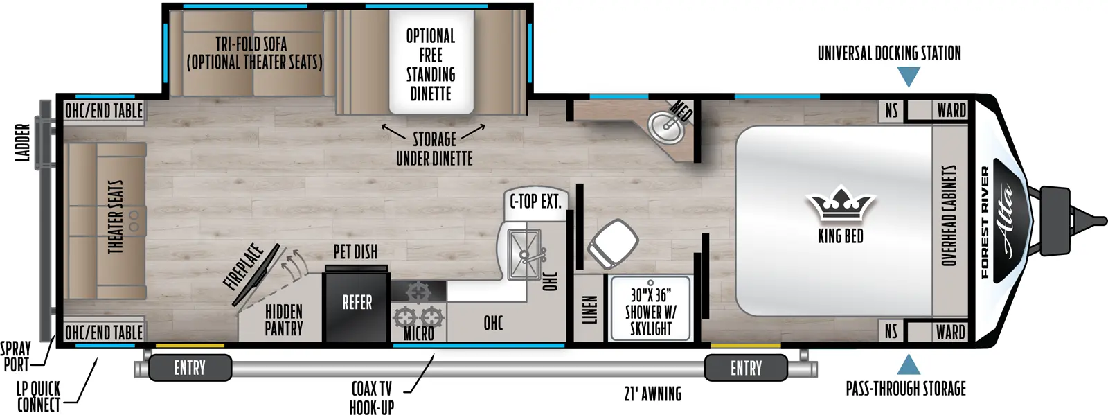 The 2850 has one slideout and two entries. Exterior features pass-through storage, universal docking station, 21 foot awning, coax TV hookup, LP quick connect, spray port, and rear ladder. Interior layout front to back: foot-facing king bed with overhead cabinets, wardrobes with night stands on each side, and entry; pass through full bathroom with linen closet and medicine cabinet; kitchen counter wraps from inner wall with sink and countertop extension to door side with overhead cabinet, microwave, cooktop, refrigerator, pet dish, angled entertainment center with fireplace and hidden pantry behind, and second entry; off-door side slideout with dinette with storage underneath (optional free-standing dinette), and tri-fold sofa (optional theater seats); rear theater seats with overhead cabinets and end tables on each side.
